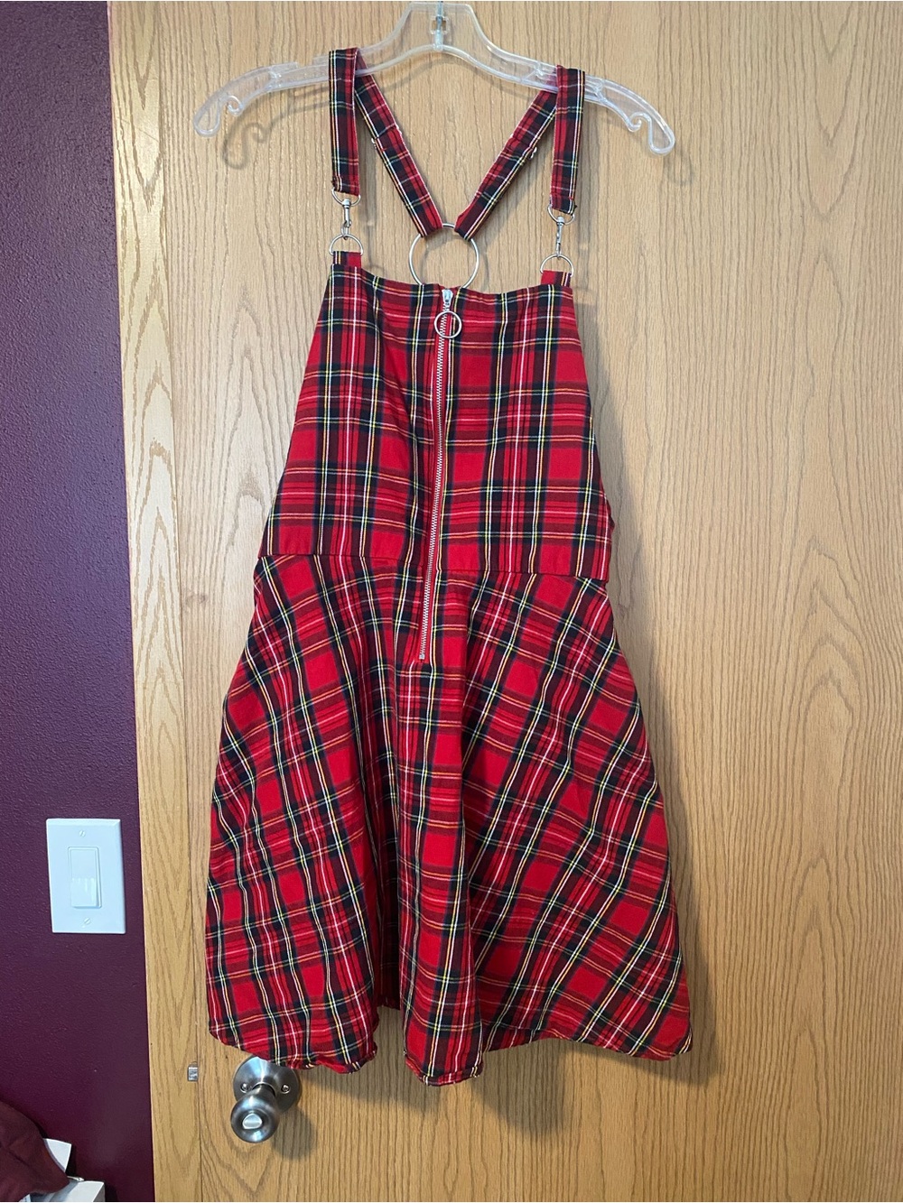 Hot Topic Red Plaid Suspender Dress with Front Zip